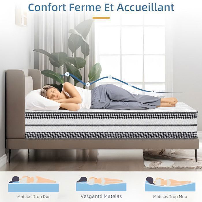Colchón de 90x200 cm, muelles ensacados, hipoalergénico, espuma viscoelástica, 26 cm de grosor, comodidad transpirable, soporte perfecto.