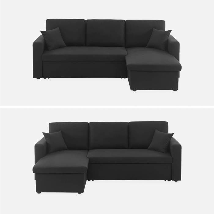 Sofá esquinero convertible en tela negra - IDA - 3 plazas. Sillón esquinero reversible con compartimento de almacenamiento y cama modular.