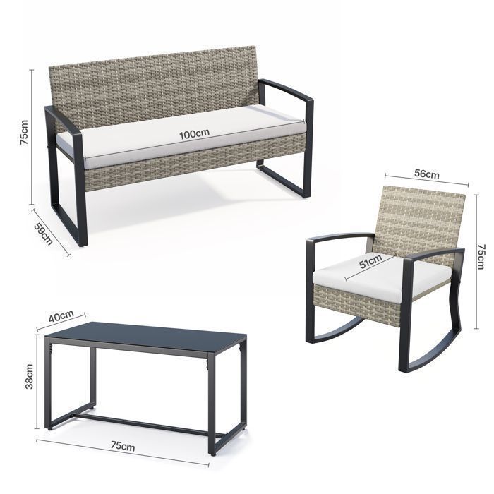 Bealife tuinset - 4 personen - Afneembare kussenhoezen - Metalen frame - Khaki grijs geweven hars - 1 tafelblad van gehard glas