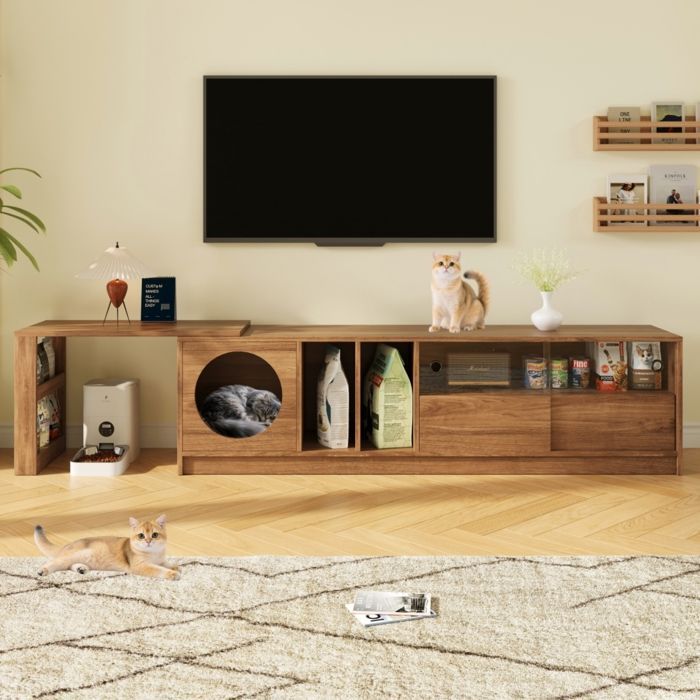 Meuble TV rotatif 180(+80)x40x50cm - MODERNLUXE - Niche pour chat - Portes coulissantes - Naturel