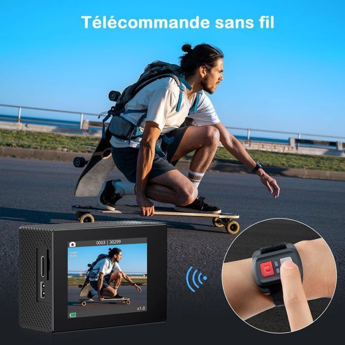 AKASO Caméra Sport EK7000 4K 30FPS 20MP avec 170°Grand-Angle Télécommande Caméscope WiFi Caméra 30M Étanche Noir