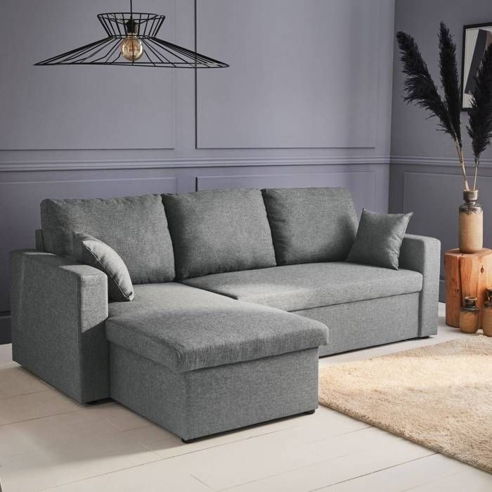 Sofá-cama de canto em tecido cinza claro - IDA - 3 lugares. Poltrona de canto reversível com compartimento de arrumação e cama modular.