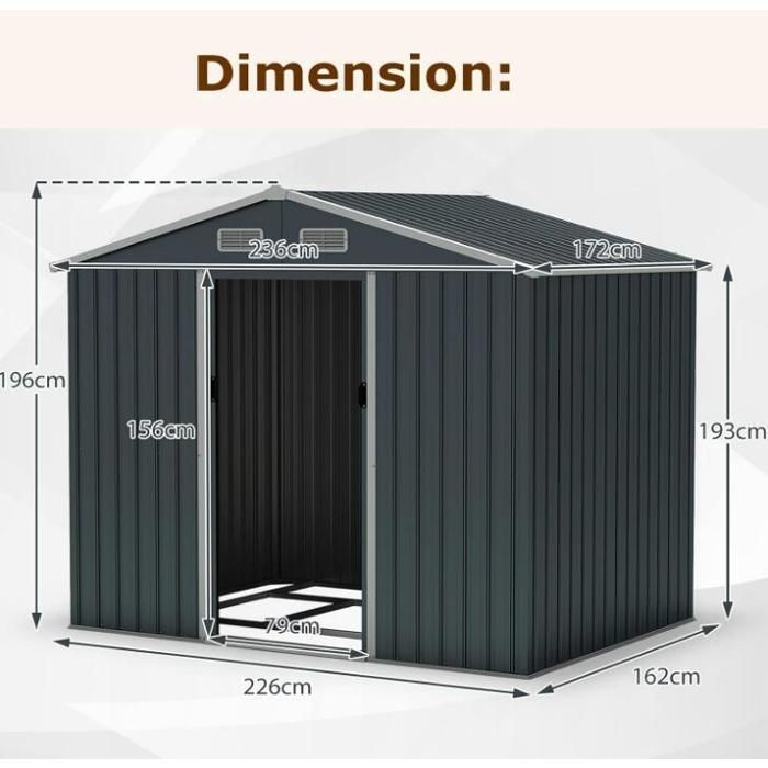 Abri de Jardin Métal 3,66 ㎡- RELAX4LIFE - 7,17 m³ - Fondation Intégrée - 236X172X196CM - 4 Aérations - Double Porte Coulissante