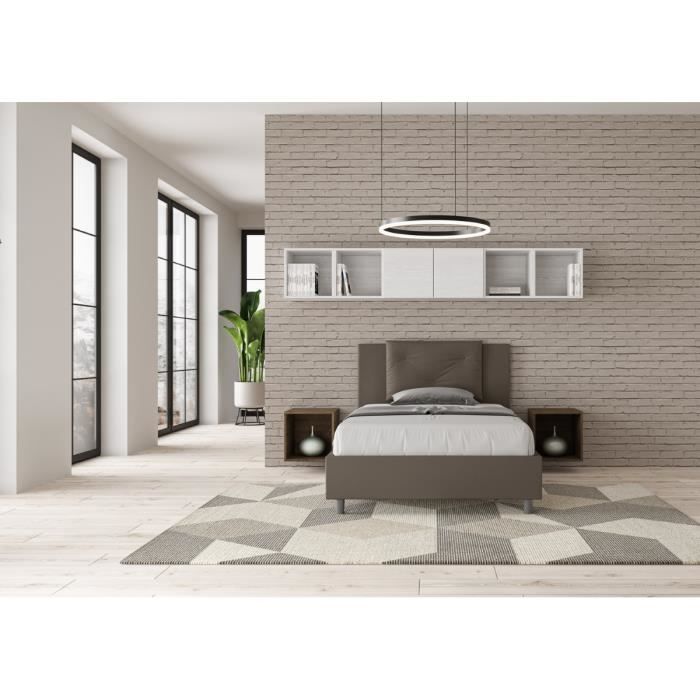 Cama individual - Appia - 120x190 cm - Sin somier de láminas - Piel sintética - Marrón