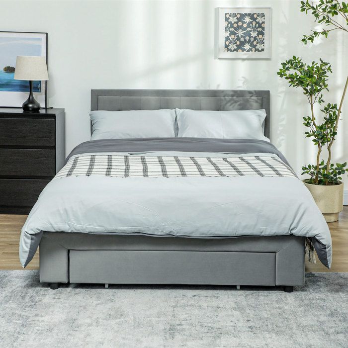 Estructura de cama doble - HOMCOM - base con almacenamiento y resortes de gas - cajón con ruedas - cabecero ajustable con tapizado efecto terciopelo - gris