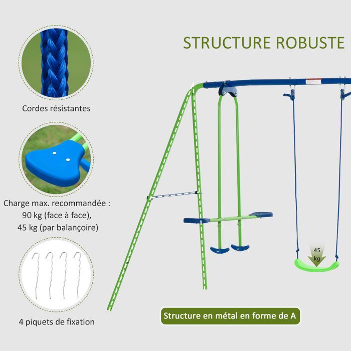 Balançoire - Outsunny - 3 agrès portique -  avec 2 balançoires - 2,8L x 1,4l x 1,78H m - métal époxy anticorrosion PE - Vert Bleu