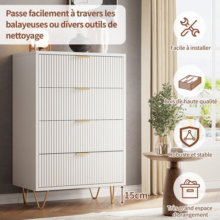 Commode met 4 lades - LEWW - Scandinavisch design - Slaapkamercommode - 60x34x91 cm - Wit