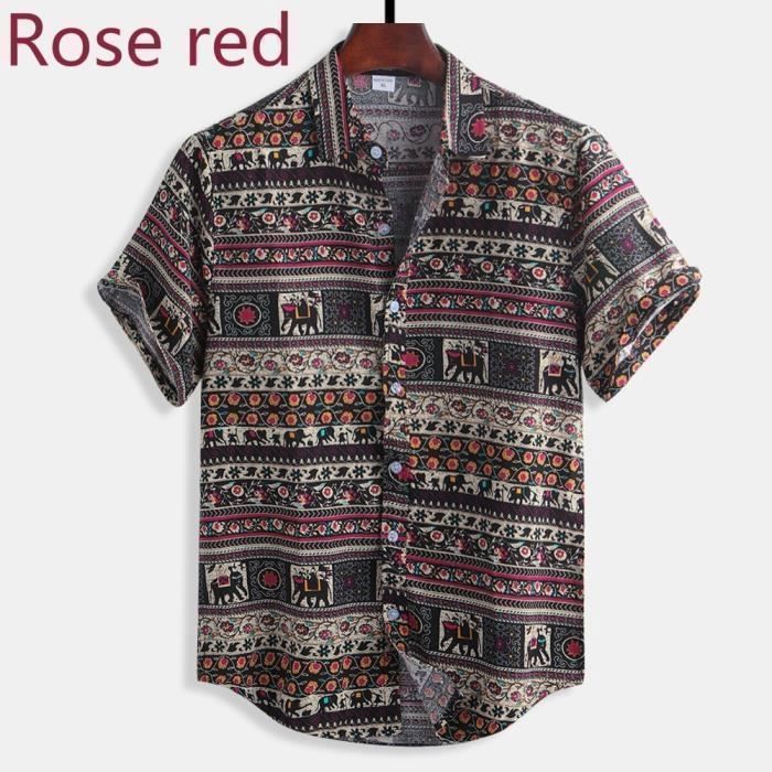 Camisa de hombre de algodón y lino estampada - INSFITY - Manga corta - Rojo rosa
