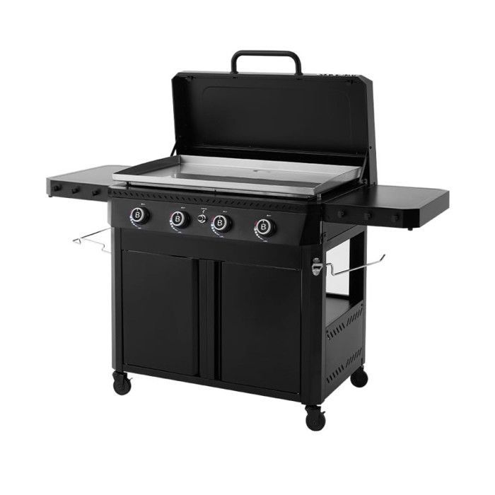Plancha gaz Stellar 900 sur chariot 4 feux  – BRASERO BY FAVEX – Plaque inox XXL 86 x 53 cm – 16 kW – 12 à 14 convives - Capot