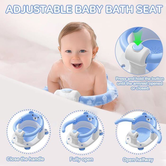 Asiento de baño para bebés de 6 meses en adelante, asiento de baño antideslizante con 4 ventosas y cojín, silla de baño, azul