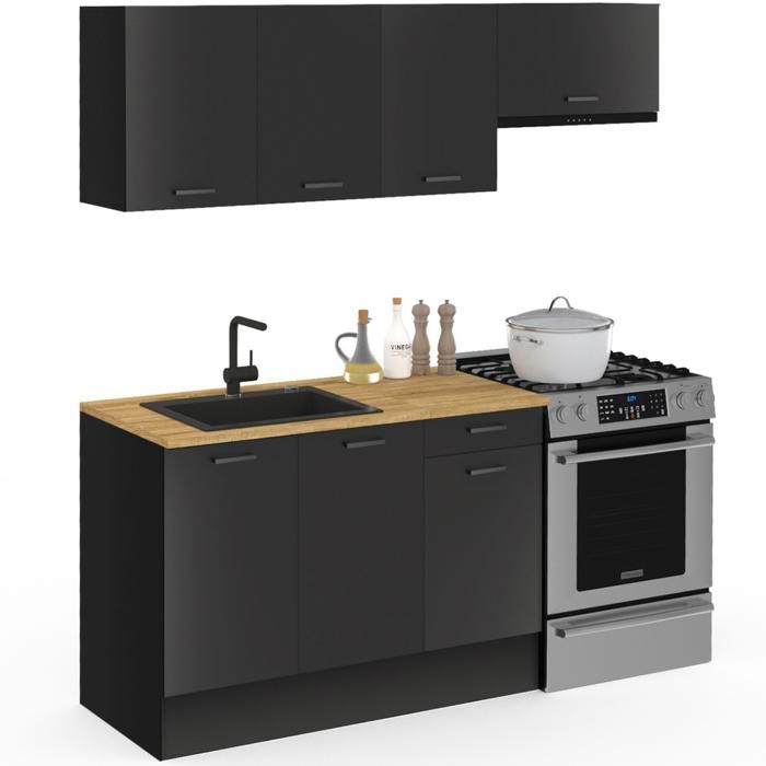 IDMARKET Cuisine complète 180 cm SUBTIL avec plan de travail 5 éléments noir et plateaux bois
