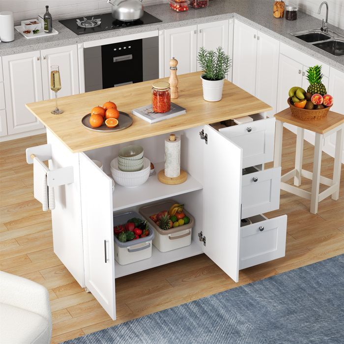 Îlot de Cuisine -Armoire de Cuisine avec 3 Tiroirs-135 × 44 × 90 cm-blanc