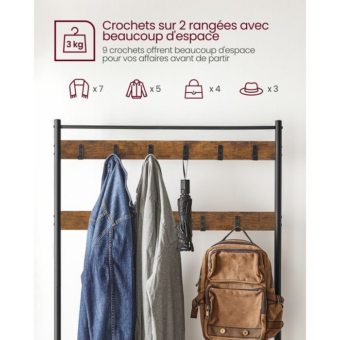 VASAGLE Coat Rack with Shoe Shelf, Hallway Furniture with Bench, 3-in-1, Steel Frame, 32 x 85 x 175 cm, Brown and Black