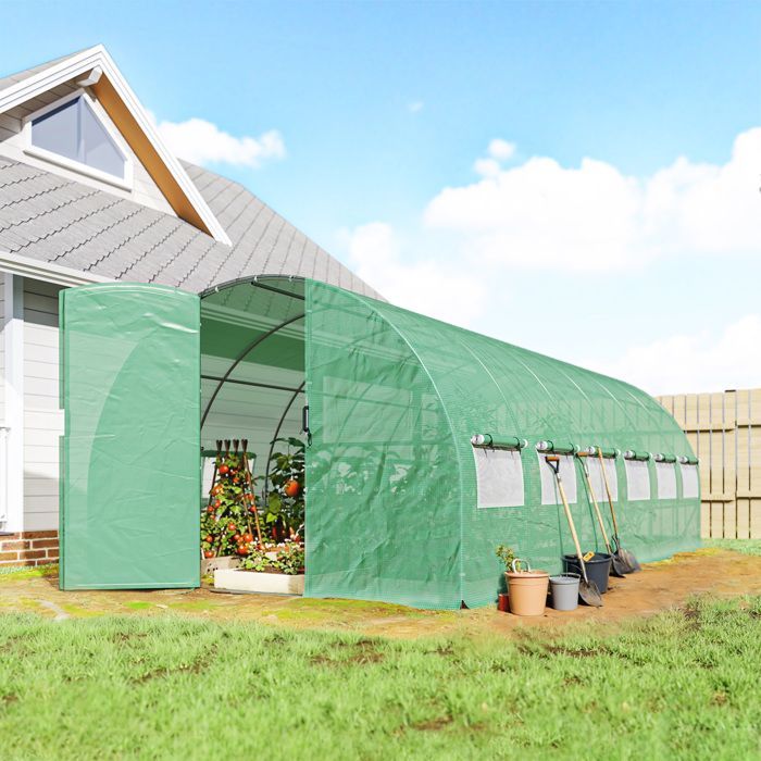 Invernadero tipo túnel Outsunny de 18 m² (295 x 597 x 200 cm) - con puertas y 12 ventanas con mosquiteras - Cubierta de PE de 140 g/m² - verde
