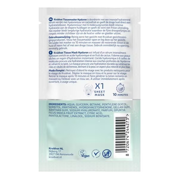 „Kruidvat Hyaluron Intense Hydrating Serum“ lakštinė veido kaukė su hialurono rūgštimi. Visiems odos tipams.