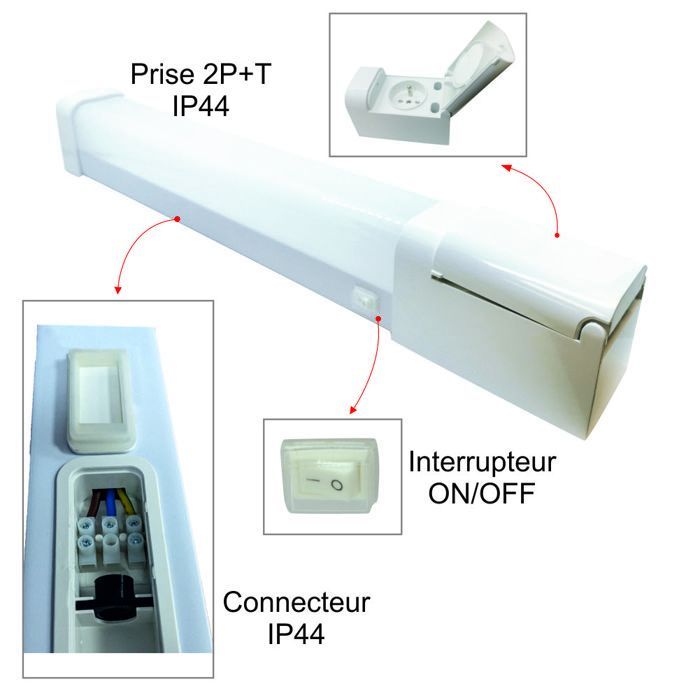 Applique LED salle de bain 12W - 1350lm - 4000K + prises 16A 2P+T IP44 - garantie 3 ans