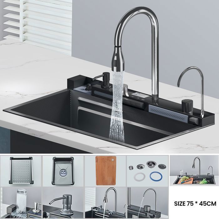 Évier de cuisine multifonction 75 x 45 cm, avec robinet rotatif, lavage de tasse, distributeur de savon, bec cascade, affichage LED