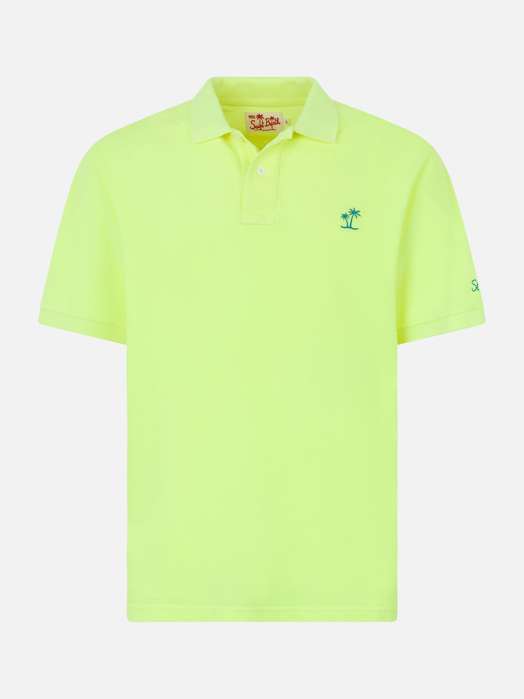 Polo da uomo in piquet giallo fluo con logo St. Barth ed effetto vinta