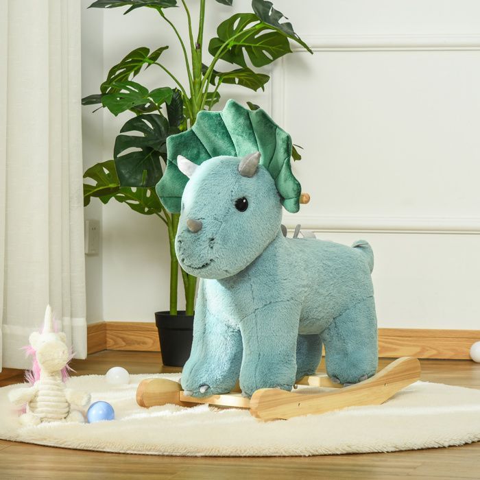 Juguete mecedor - HOMCOM - Juguete de peluche pequeño con efecto de sonido de dinosaurio rugiendo para la habitación de los niños - Madera - Verde azulado