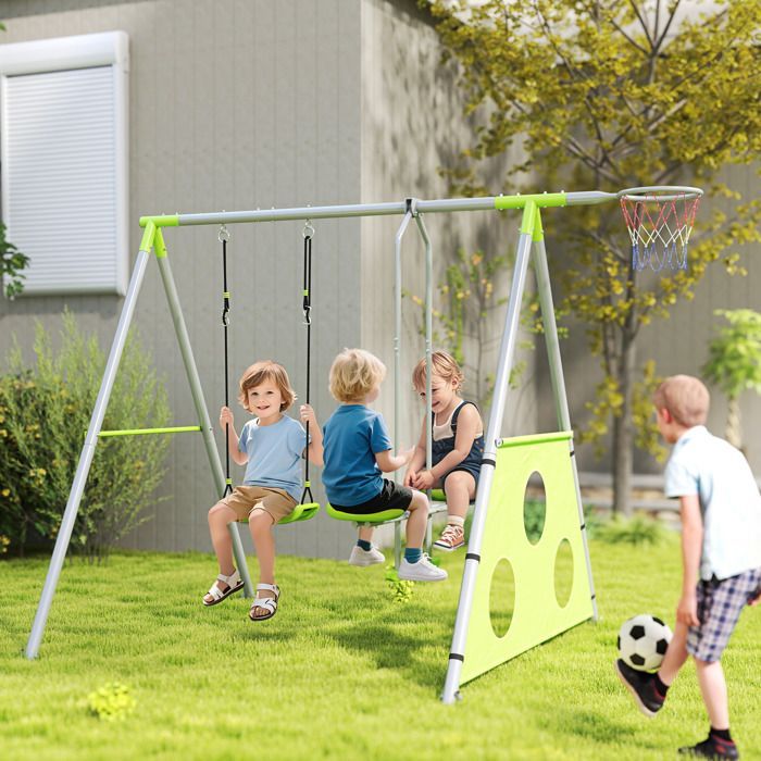 Portique balancoire enfant 4 en 1 - AIYAPLAY - sièges et face à face, panier de basket-ball et but de football, charge 135 kg - vert