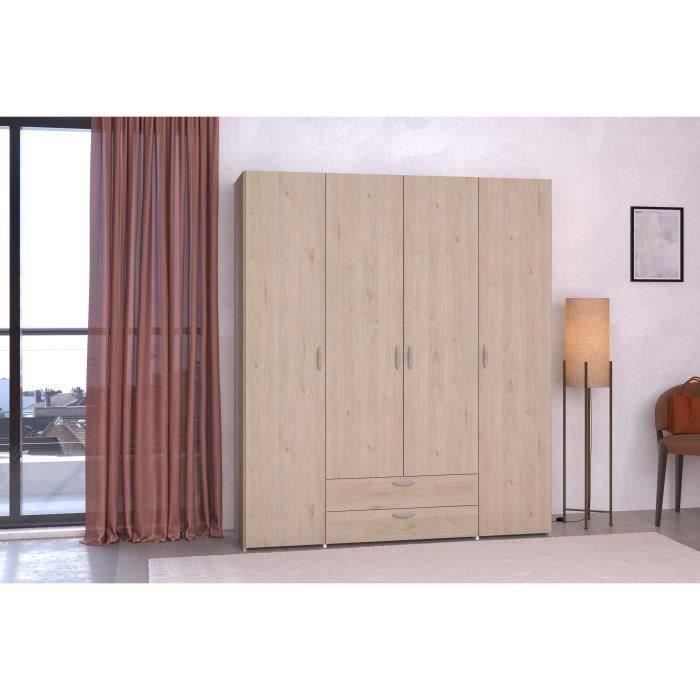 Armario de dormitorio VARIA - Acabado en roble - 4 puertas batientes + 2 cajones - Ancho 159,9 cm x Profundidad 51,3 cm x Alto 185 cm