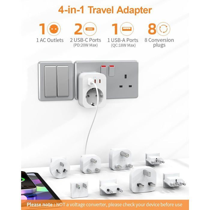 Kit mundial de adaptadores de viaje, adaptador de enchufe internacional con USB-C (PD 20W), 8 enchufes de viaje extraíbles