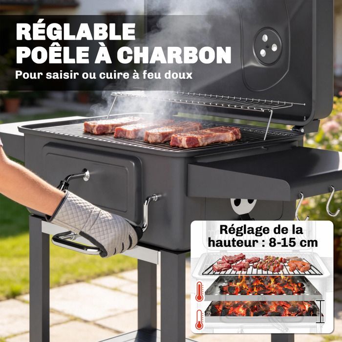 Barbecue charbon de bois - Outsunny - avec couvercle, bac à charbon et évents réglables 600°C thermomètre - métal - 112cm - noir