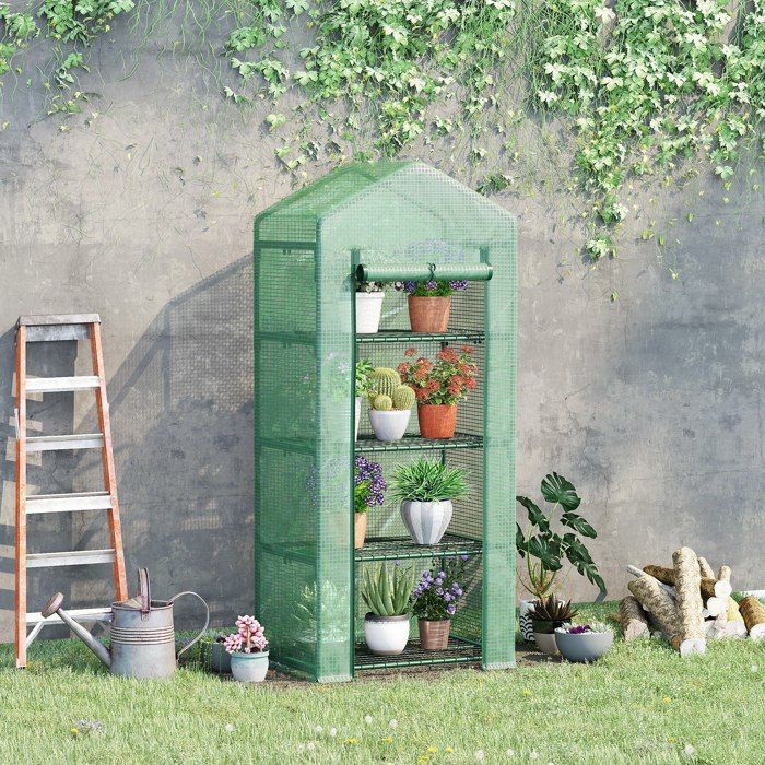 Gartengewächshaus – Outsunny – PE-Regale, 4 Ebenen, Balkon, verstärkte 140 g/m² Plane, Blumen – Stahl – 70 x 50 x 160 cm – grün