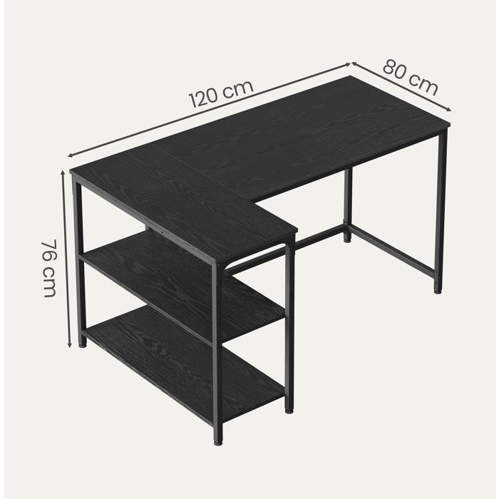 L-shaped desk, adjustable shelves with storage, 120 x 80 cm, black
