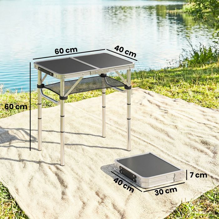 Opklapbare campingtafel - Outsunny - 4 verstelbare hoogtes - opbergvak van gaas, handvat - aluminium - 60 x 40 x 60 cm - zwart