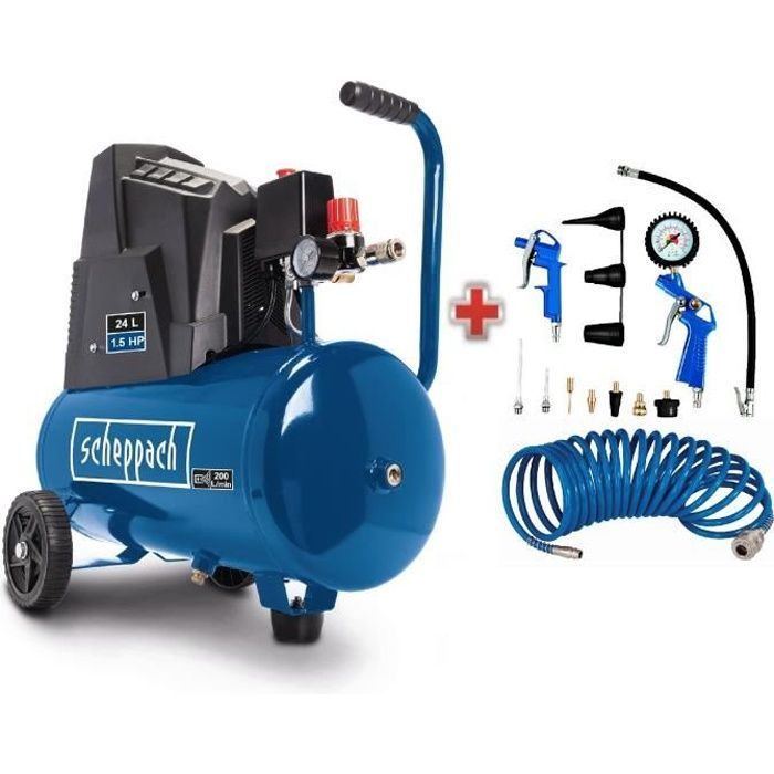 Compresor de aire horizontal Scheppach HC30o - 24 L - 110 W - 8 bar (Incluye un juego de 13 accesorios)