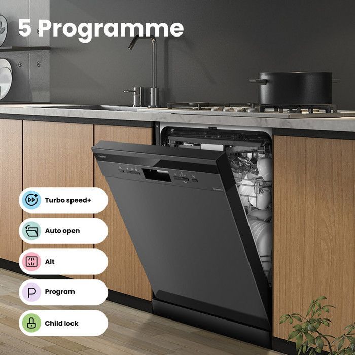 Lava-louças de instalação livre Comfee FD1535E-DX, 60 cm de largura, 42 dB, 15 serviços, 8 programas, visor LED, aço inoxidável escuro, eficiente em termos energéticos.