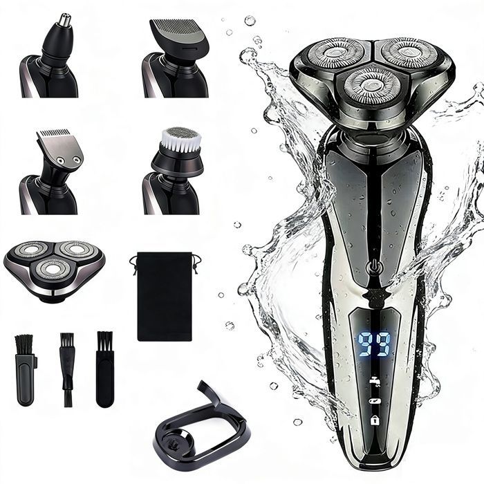 Rasoio elettrico da uomo 7 in 1, rasoio elettrico con display a LED, taglia barba senza fili, tagliacapelli con base