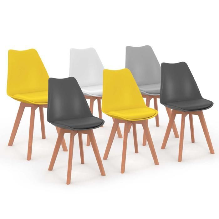 IDMARKET Lot de 6 chaises de salle à manger SARA scandinaves gris clair, blanc, gris foncé x2, jaune x2