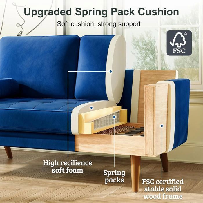 Canapé 2 Places en Velours Bleu 148 x 78 x 85 cm,Canapé Scandinave avec 2 coussins pour le salon,Fauteuil Capitonné,Pieds en bois