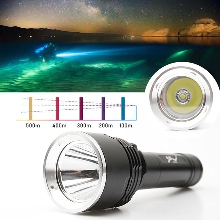 Linterna de buceo, linterna subacuática para buceo, superbrillante de 5000 lúmenes con 3 modos, con batería 26650 y cargador.