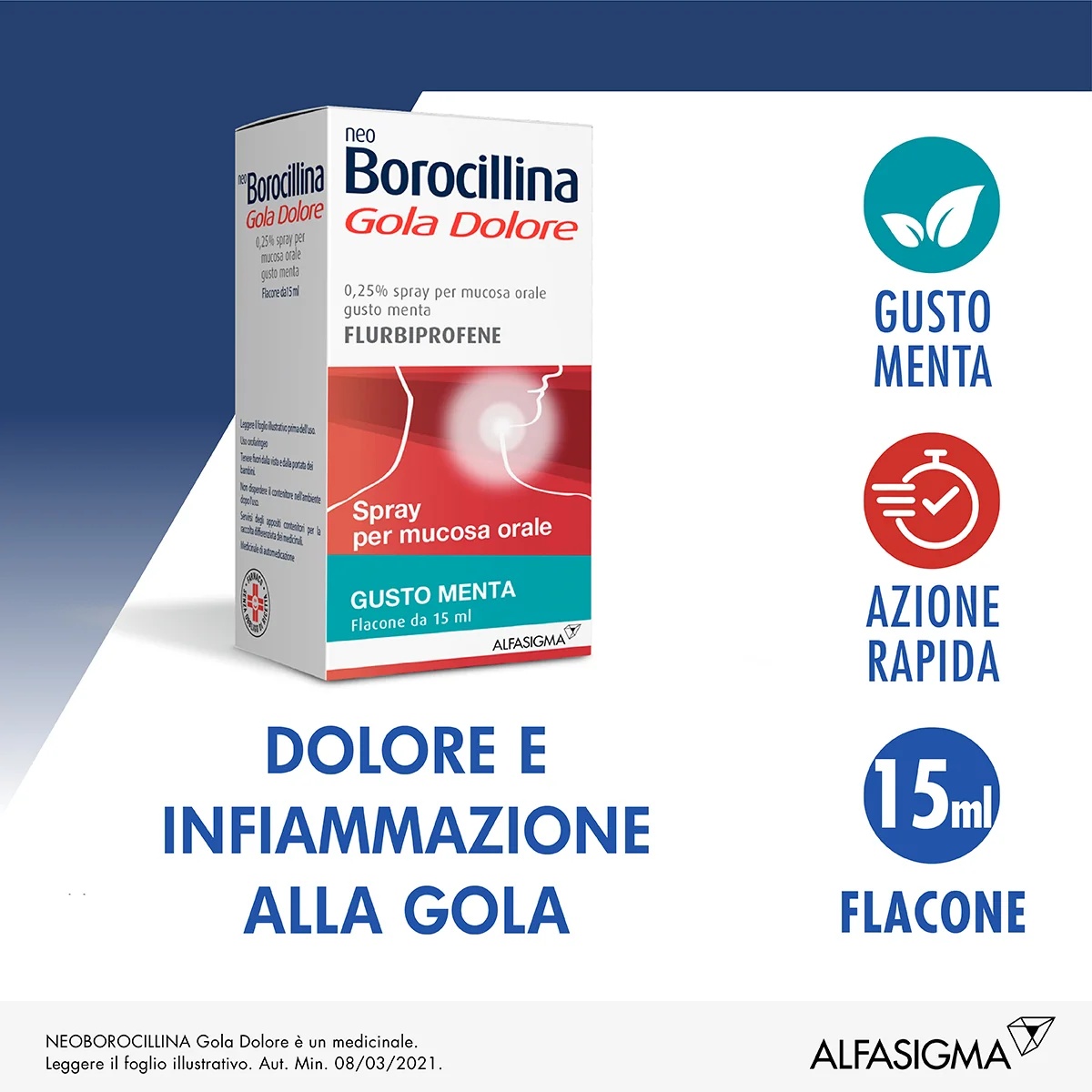 Neoborocillina Spray gegen Halsschmerzen mit Minzgeschmack, 15 ml. Bei Halsschmerzen und Entzündungen.