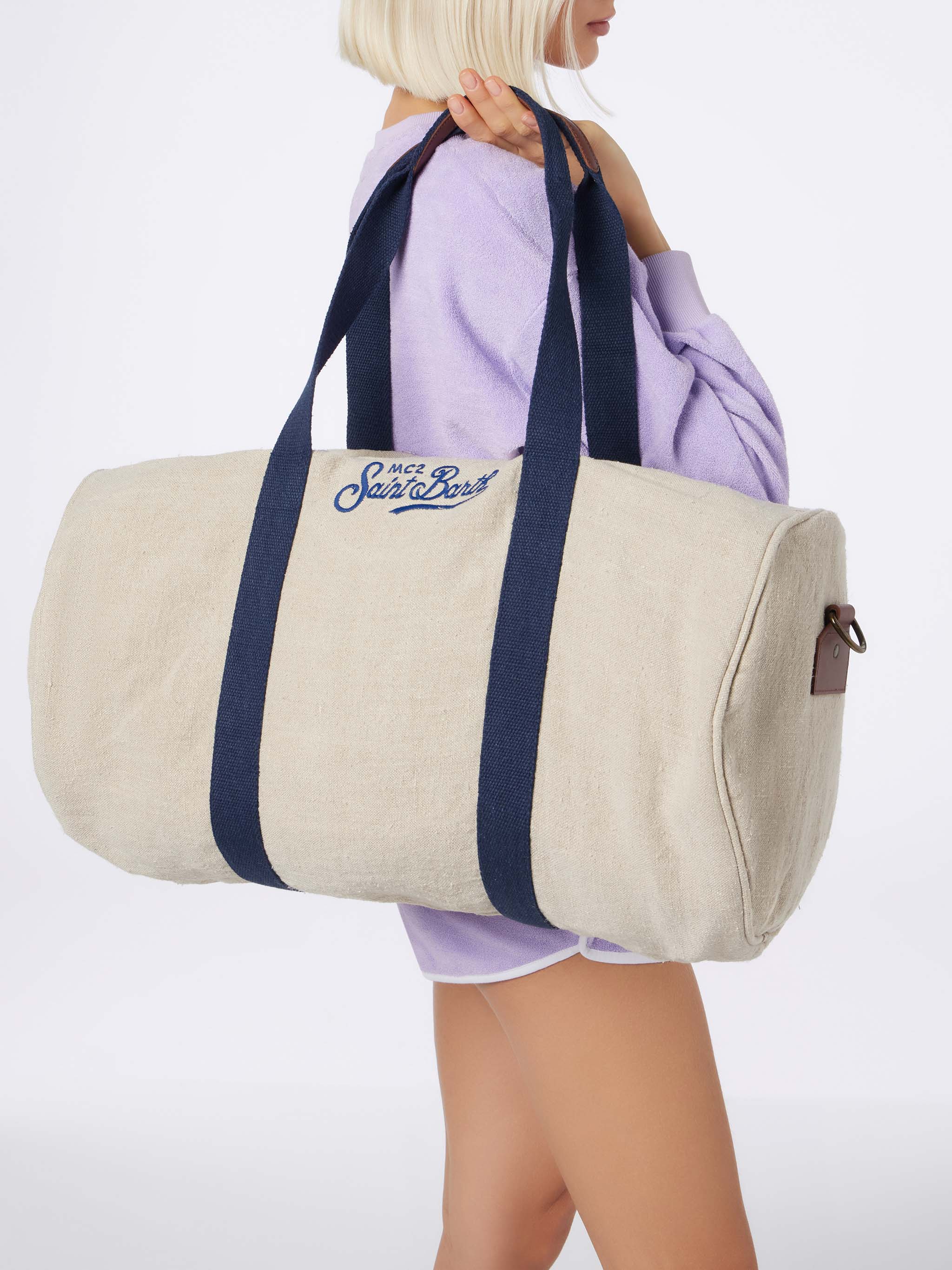 Sac de voyage Jetleg en lin naturel avec détails en cuir et logo Saint Barth brodé | 100 % lin | MC2 Saint Barth