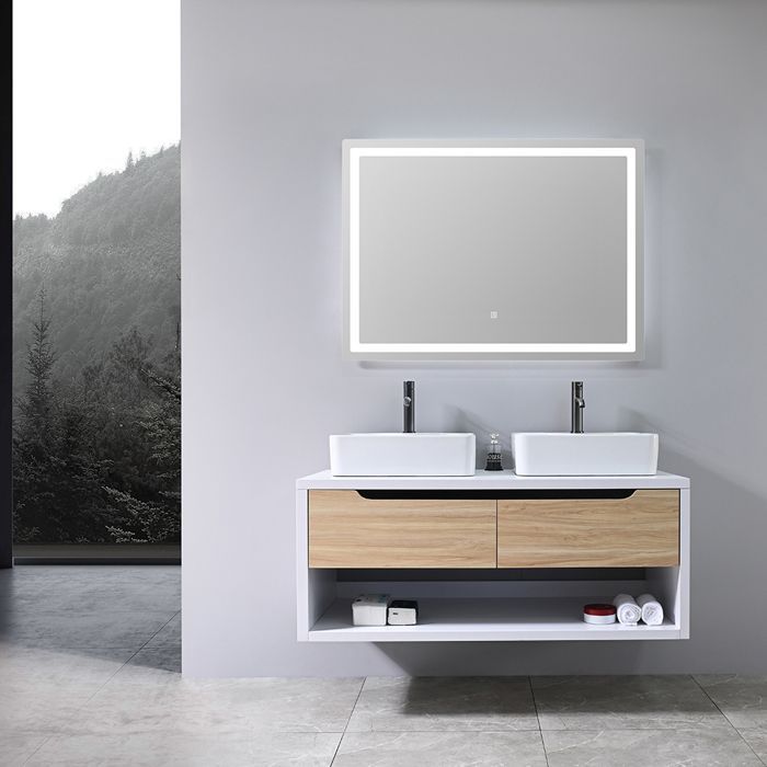 Meuble de salle de bain double vasque 120cm bois et blanc avec miroir LED LB-8153-120 LuxuryBain-