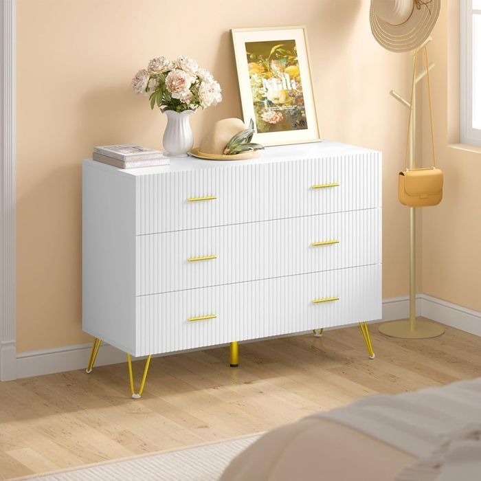 Commode 6 Tiroirs - Design élégant - Meuble en Bois d'Ingénierie - Pieds en Métal Doré - 100x40x75cm - Blanc