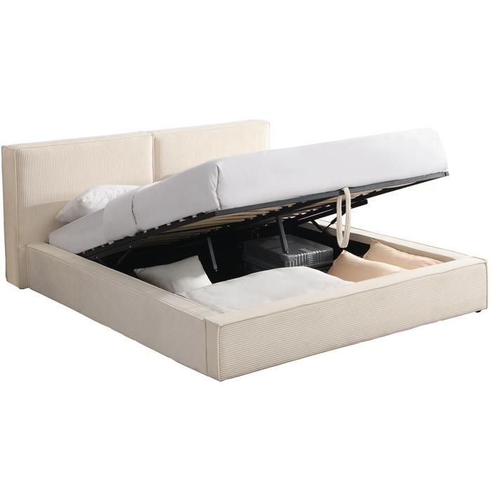 Arno 140x190 cm Bett für Erwachsene mit Stauraum, Lattenrost und beigefarbenem, mit Cord bezogenem Kopfteil