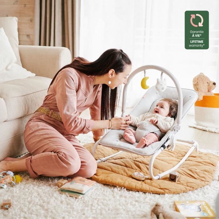 Badabulle Baby Bouncer - Foldable - Fixed or Rocking Position - Toy Arch and Headrest - Removable Cover - Lifetime Warranty - Lichen