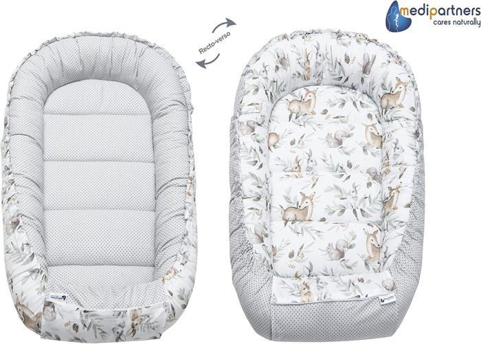 Medi Partners Baby Bed Reducer, 100% Cotton, Newborn Baby Nest with Removable Insert, 100x60x15 cm, Deer in Leaves, Grey