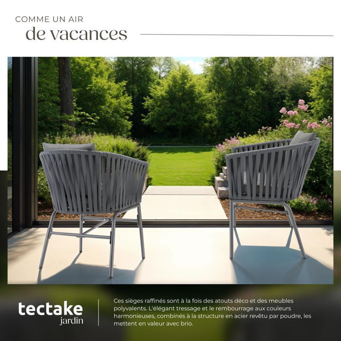 Sedie da giardino - TECTAKE - Set di 2 sedie VALEIRAS con effetto corda intrecciata e rivestimenti sfoderabili, 60 x 61 x 77 cm - Grigio