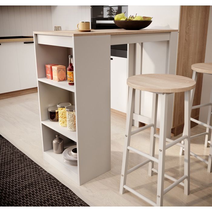 Table haute de bar avec deux tabourets | 110x103x50 cm | Blanc et Sonoma mat | Table de cuisine avec 3 étagères | Modèle Kyra