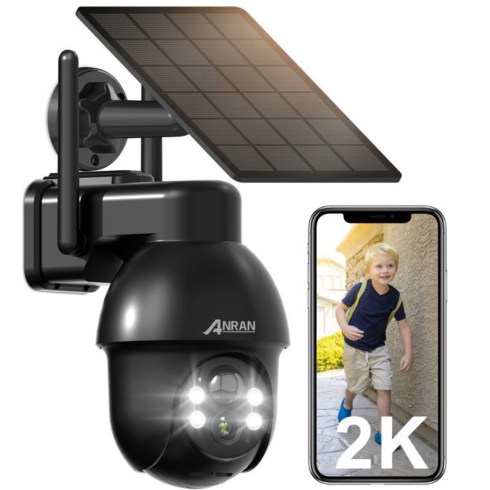 ANRAN Telecamera di sorveglianza wireless da esterno con pannello solare, risoluzione 2K HD, 3 MP, rilevamento di movimento PIR, compatibile con Alexa e Google Home - Q03 Nero