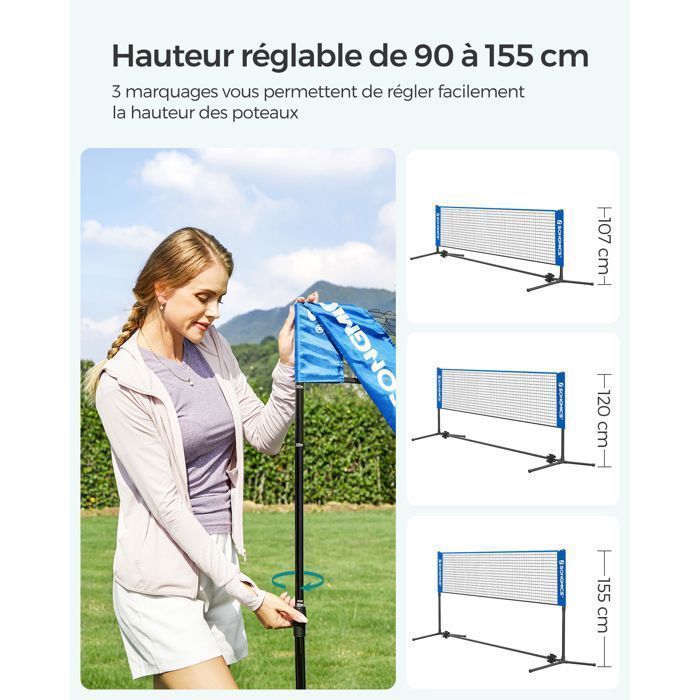 Rede recreativa SONGMICS de 400 x 155 x 103 cm com altura ajustável para badminton, vôlei e tênis, com suporte.