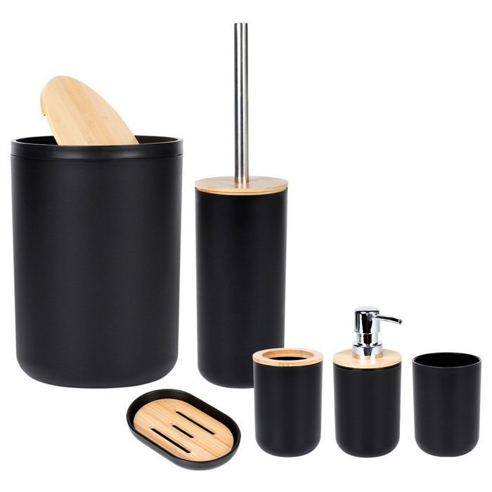 VILDE 6-Piece Bathroom Accessories - Matte Black Plastic - Bamboo Wood - Modern Design - Easy to Clean