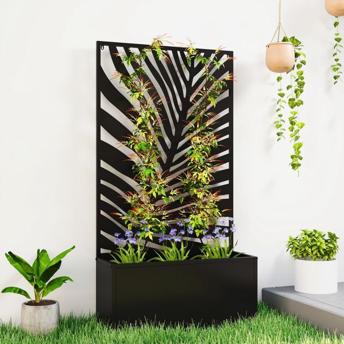 Planter with trellis - Outsunny - flower box with metal privacy screen - for courtyard, garden, balcony - 61 x 23 x 113 cm - black