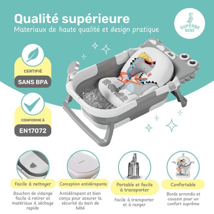 Opvouwbaar babybadje - inclusief thermometer en kussen - DINO - Grijs | SUPERB BABY